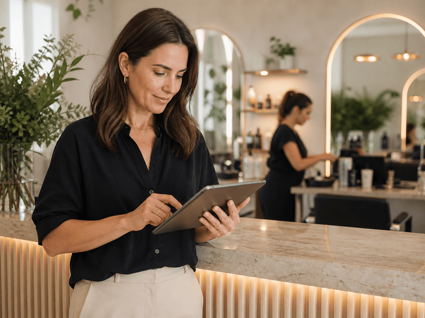 Saloninhaberin verwaltet Termine auf einem Tablet